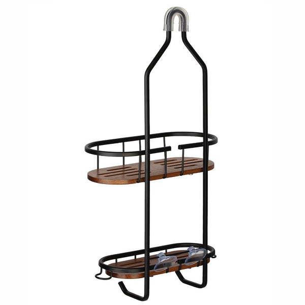 Loft97 SHC15BK Tia Rustproof Teak Overhead Shower Caddy with 2 Shelves - Decorative Shower Rack for Shampoo & Toiletries Storage, Hanging Shower Head Organizer, Includes shower liner and shower hooks - Matte Black Finish