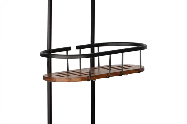 Loft97 SHC15BK Tia Rustproof Teak Overhead Shower Caddy with 2 Shelves - Decorative Shower Rack for Shampoo & Toiletries Storage, Hanging Shower Head Organizer, Includes shower liner and shower hooks - Matte Black Finish