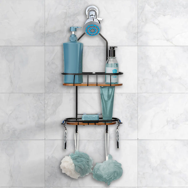 Loft97 SHC15BK Tia Rustproof Teak Overhead Shower Caddy with 2 Shelves - Decorative Shower Rack for Shampoo & Toiletries Storage, Hanging Shower Head Organizer, Includes shower liner and shower hooks - Matte Black Finish