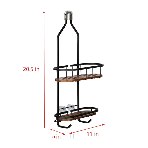 Loft97 SHC15BK Tia Rustproof Teak Overhead Shower Caddy with 2 Shelves - Decorative Shower Rack for Shampoo & Toiletries Storage, Hanging Shower Head Organizer, Includes shower liner and shower hooks - Matte Black Finish