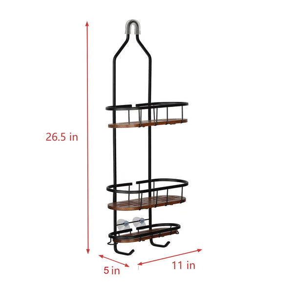 Loft97 SHC6XX Tia Rustproof Teak Overhead Shower Caddy with 3 Shelves - Decorative Shower Rack for Shampoo & Toiletries Storage, Hanging Shower Head Organizer for Bathroom Accessories & Guest Bathrooms - Black Finish & Satin Chrome Finish