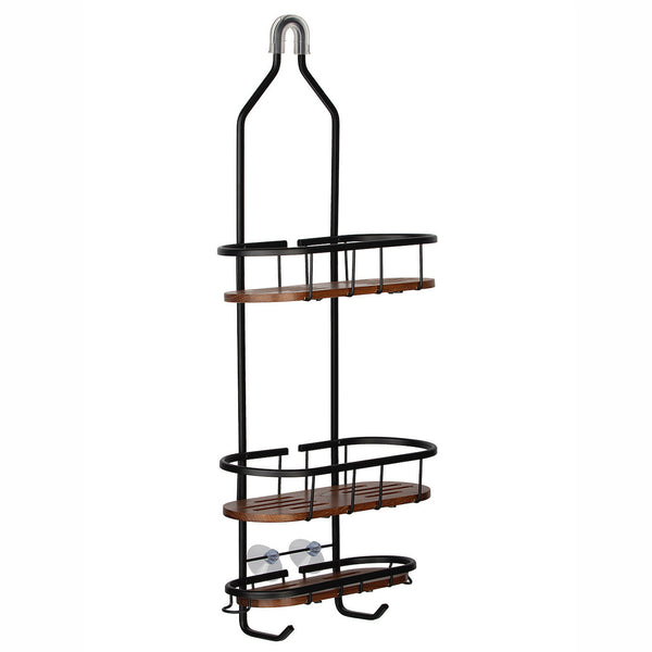 Loft97 SHC16BK Tia Rustproof Teak Overhead Shower Caddy with 3 Shelves - Decorative Shower Rack for Shampoo & Toiletries Storage, Hanging Shower Head Organizer, Includes shower liner and shower hooks - Matt Black Finish