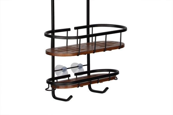 Loft97 SHC16BK Tia Rustproof Teak Overhead Shower Caddy with 3 Shelves - Decorative Shower Rack for Shampoo & Toiletries Storage, Hanging Shower Head Organizer, Includes shower liner and shower hooks - Matt Black Finish