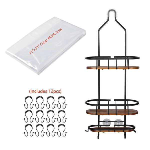 Loft97 SHC16BK Tia Rustproof Teak Overhead Shower Caddy with 3 Shelves - Decorative Shower Rack for Shampoo & Toiletries Storage, Hanging Shower Head Organizer, Includes shower liner and shower hooks - Matt Black Finish