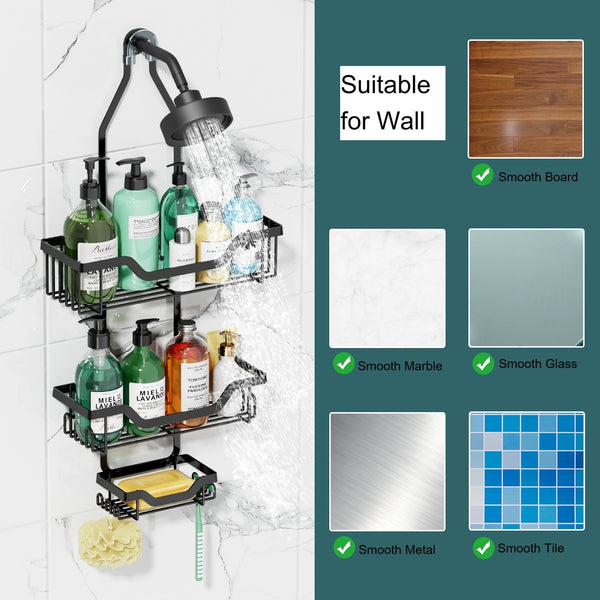 Loft97 SHC7BK KD Rust-Resistant Steel Shower Caddy for Shower Heads - Hanging Shower Caddy Organizer with 3 Shelves, Overhead Shower Caddy for Bathroom & Home, Black