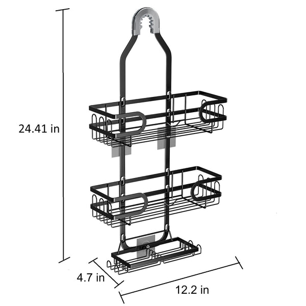 Loft97 SHC8BK KD Rust-Resistant Steel Shower Caddy for Shower Heads - Hanging Shower Caddy Organizer with 3 Shelves, Overhead Shower Caddy for Bathroom & Home, 2 Soap Holders and Adhesives, Black