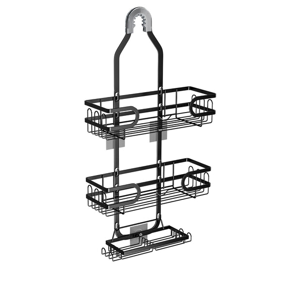 Loft97 SHC8BK KD Rust-Resistant Steel Shower Caddy for Shower Heads - Hanging Shower Caddy Organizer with 3 Shelves, Overhead Shower Caddy for Bathroom & Home, 2 Soap Holders and Adhesives, Black