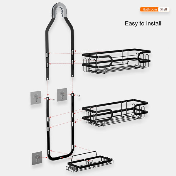 Loft97 SHC8BK KD Rust-Resistant Steel Shower Caddy for Shower Heads - Hanging Shower Caddy Organizer with 3 Shelves, Overhead Shower Caddy for Bathroom & Home, 2 Soap Holders and Adhesives, Black