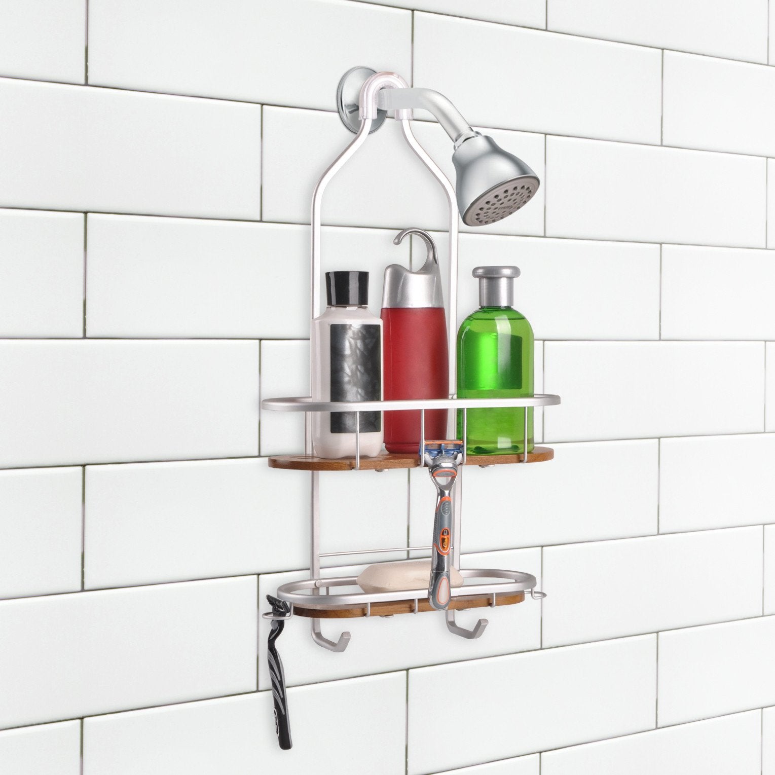 Loft97 SHC5XX Tia Rustproof Over the Shower Caddy, 2 Teak Shelves