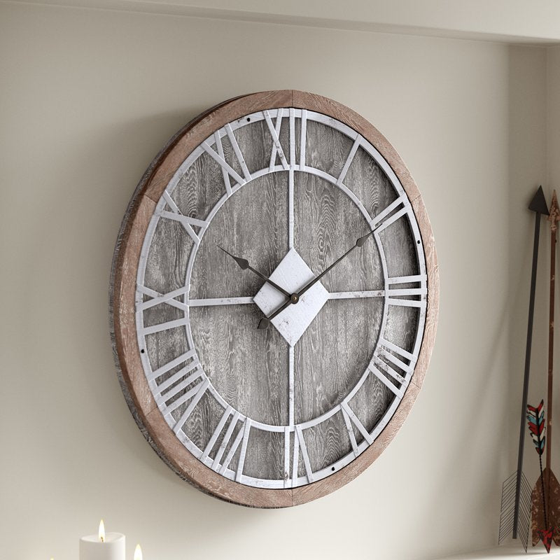 Loft97 CL30GY Oversize Roman Round Wall Clock, Gray Wood Finish, 28