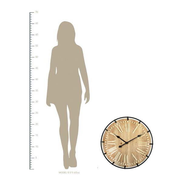Loft97 Oversize Roman Round Wall Clock, 24" Diameter, Light Wood Finish