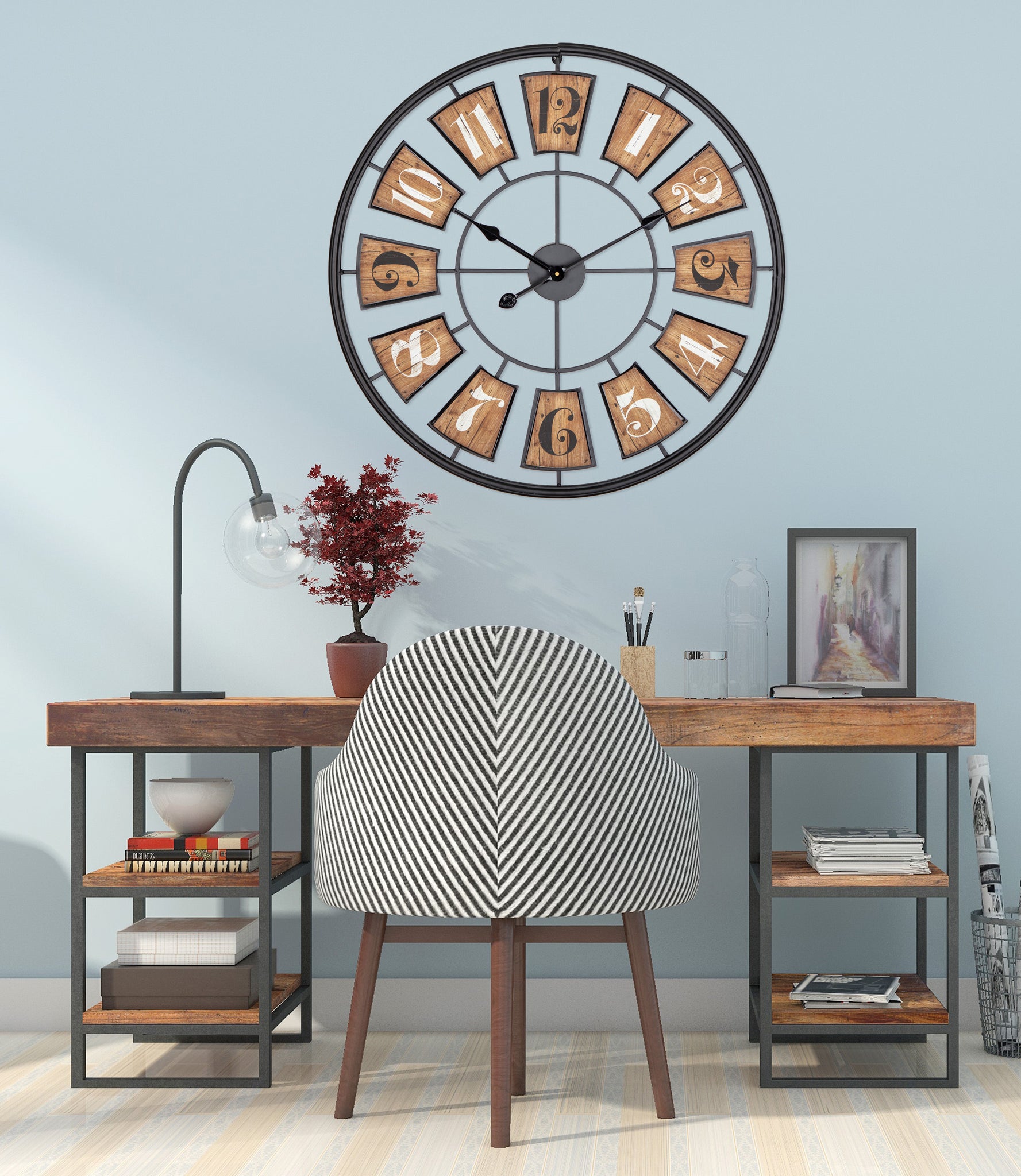Loft97 CL45WD 27" Metal Wall Clockwith Black Frame and Wood Colored Panels