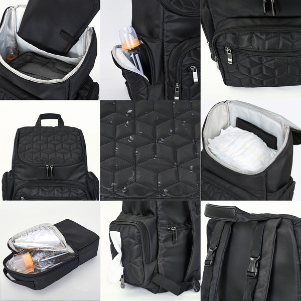 Loft97 Textured Baby Diaper Bag, Waterproof with Changing Mat, Pockets, and Insulated Pouch, Black