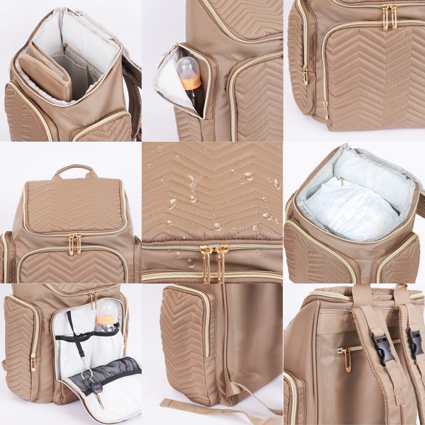 Loft97 Textured Chevron Baby Diaper Bag, Waterproof with Changing Mat, Pockets, and Stroller Straps, Khaki