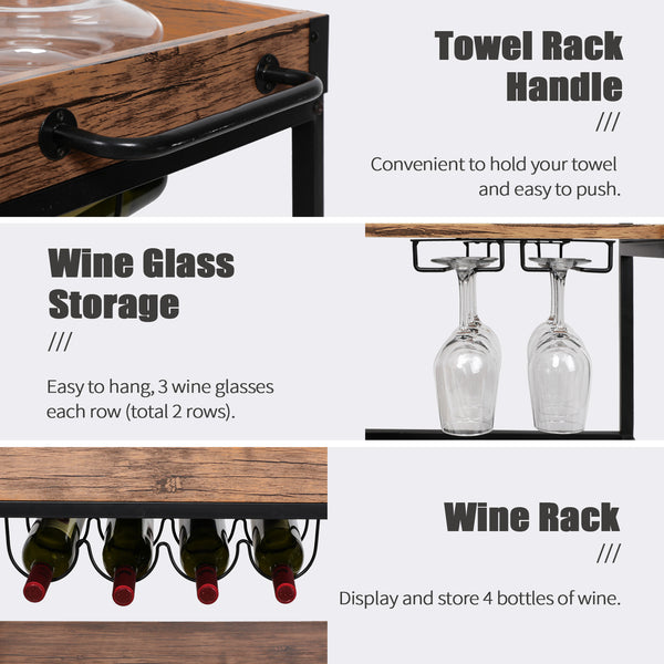 Loft97 FT71WD Rustic, Industrial Bar Cart with Removable Top Tray and Wine Bottle Holder, Space Saving Design