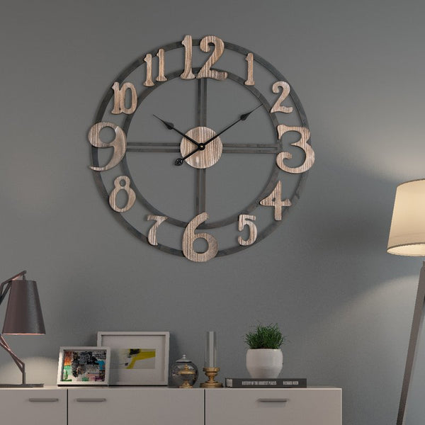Loft97 CL34BK Oversize Roman Round Wall Clock, 28" Diameter, Multi-Tone Wood Finish