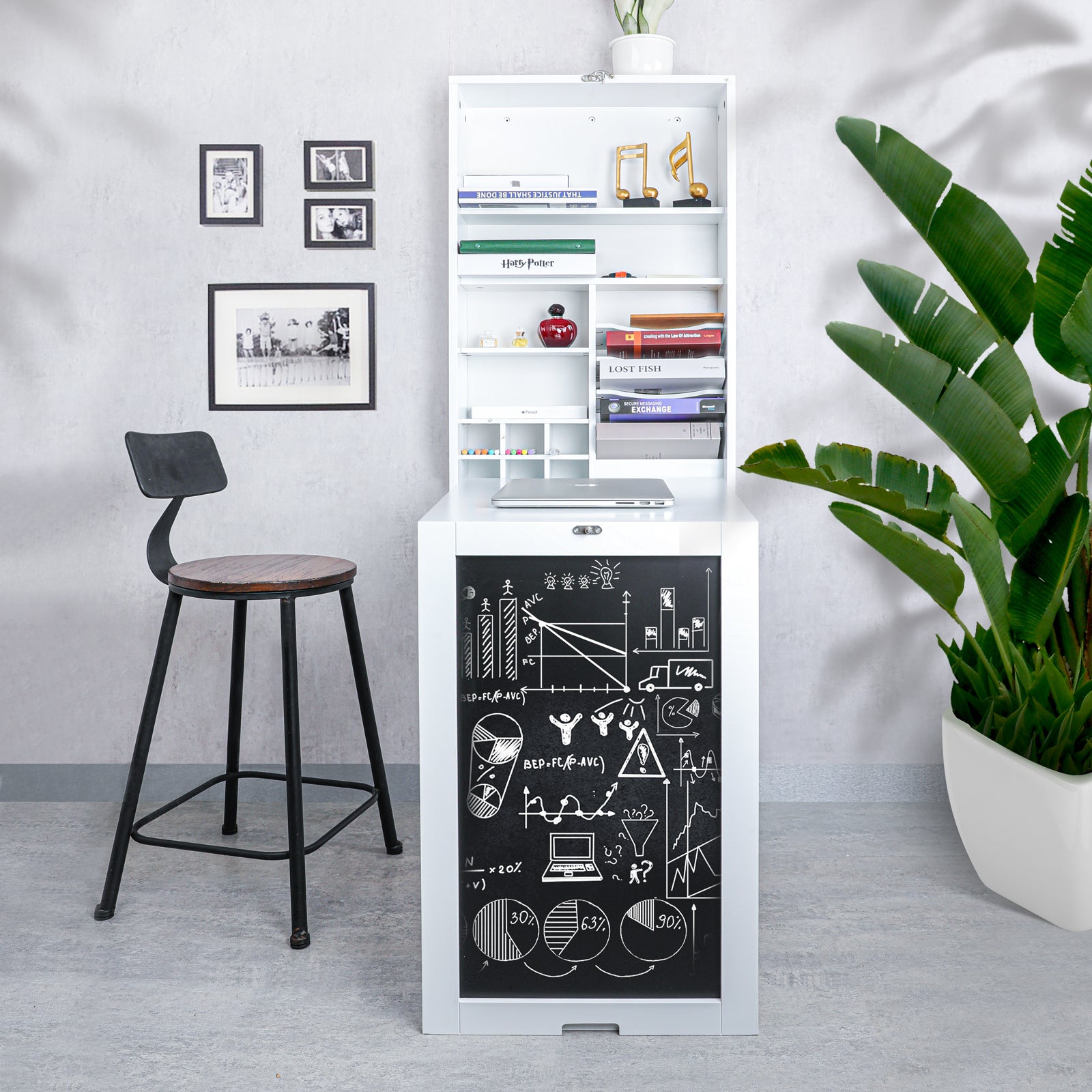 Loft97 SH0002WW101 Fold Down Desk Table Wall Cabinet With Chalkboard, White