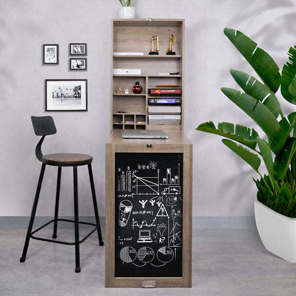 Loft97 SH2XX Collapsible Fold Down Desk Table/Wall Cabinet with Chalkboard, Multi-Function Computer Desk, Writing Desk Home Office Wood Desk, Black & Gray/Brown weathered oak