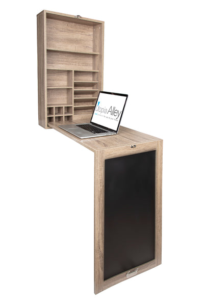 Loft97 SH2XX Collapsible Fold Down Desk Table/Wall Cabinet with Chalkboard, Multi-Function Computer Desk, Writing Desk Home Office Wood Desk, Black & Gray/Brown weathered oak