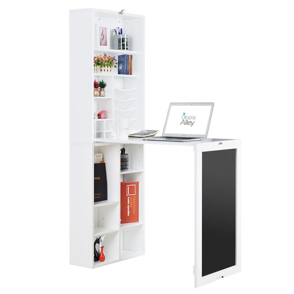 Loft97 SH3WW Collapsible Fold Down Desk Wall Cabinet with Chalkboard and Bottom Shelves, White
