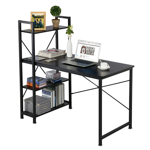 Loft97 SH73/74XX Modern Style Computer Desk with 4 Tier Attached Bookshelf, Black & Rustic Brown